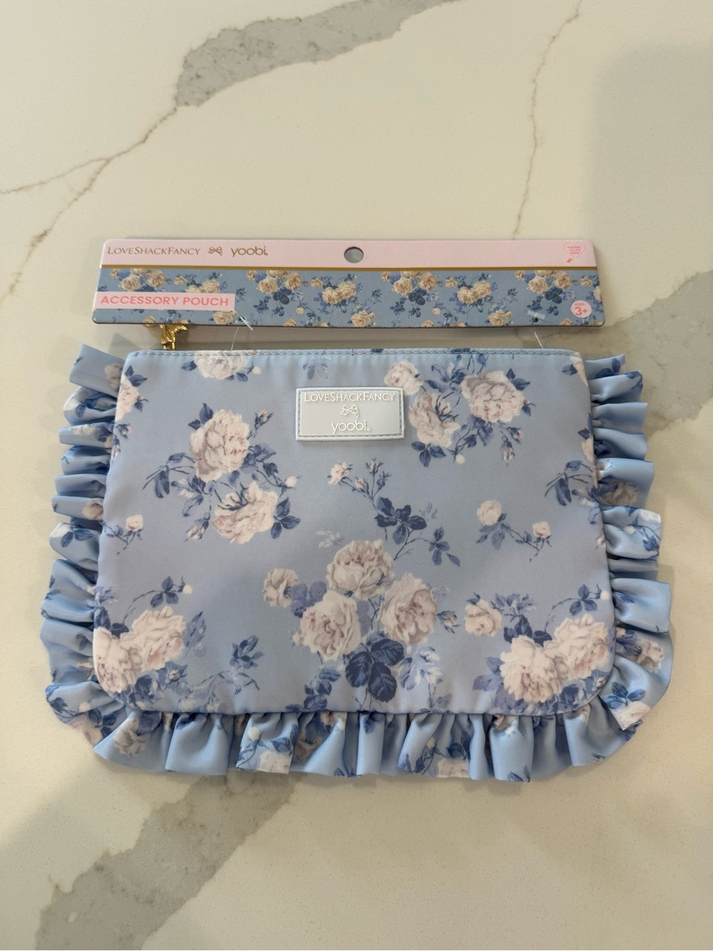 LoveShackFancy X Yoobi target Blue Floral Ruffle Accessory Pouch